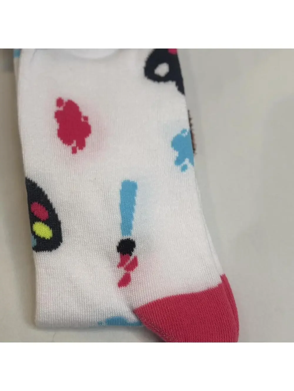 Bob Ross 3D Fuzzy Hair Crew Socks Neon White Stripe Retro Rainbow Paint NWT